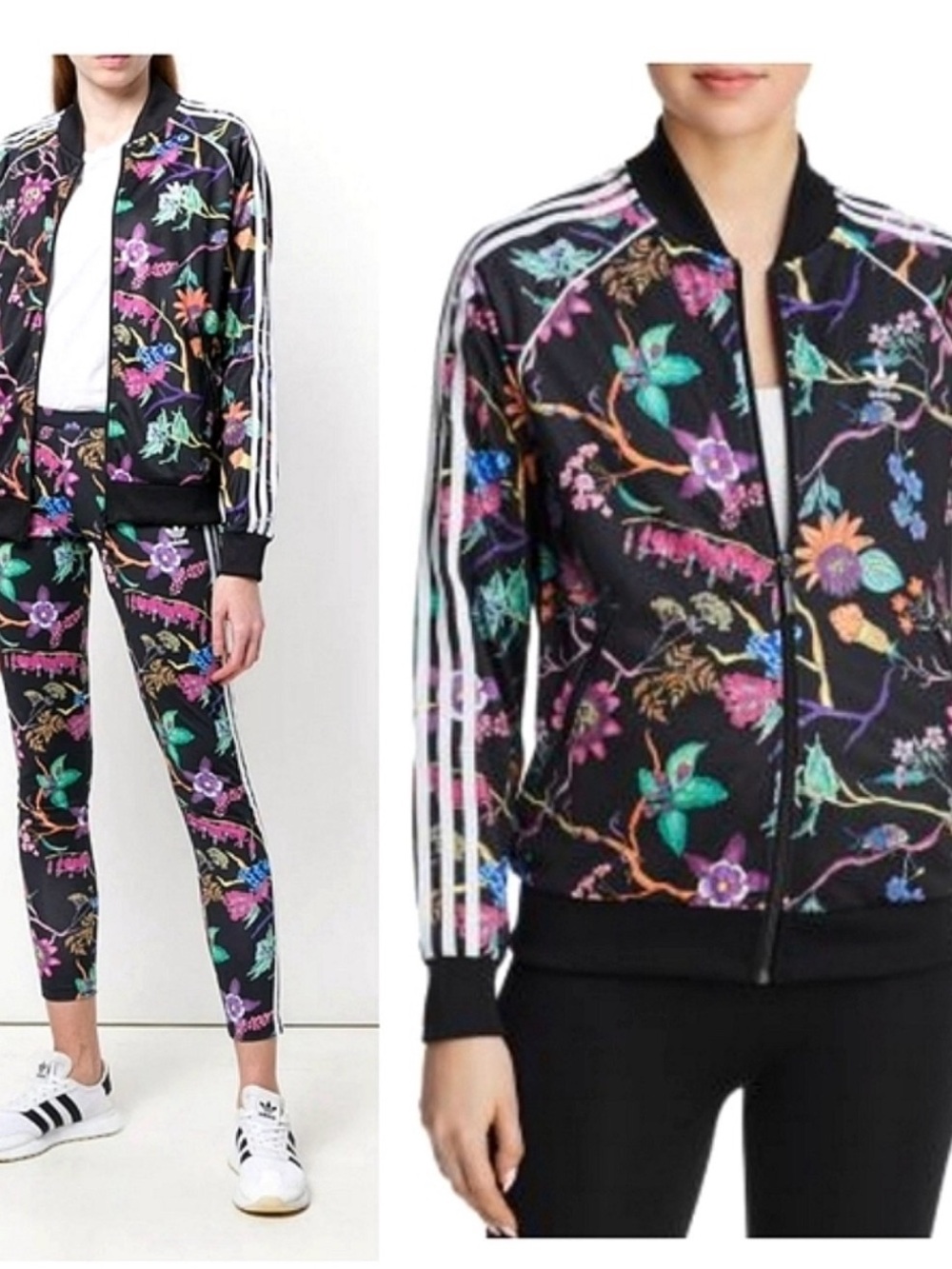 EUC adidas Black Floral-Print Bomber jogging suit